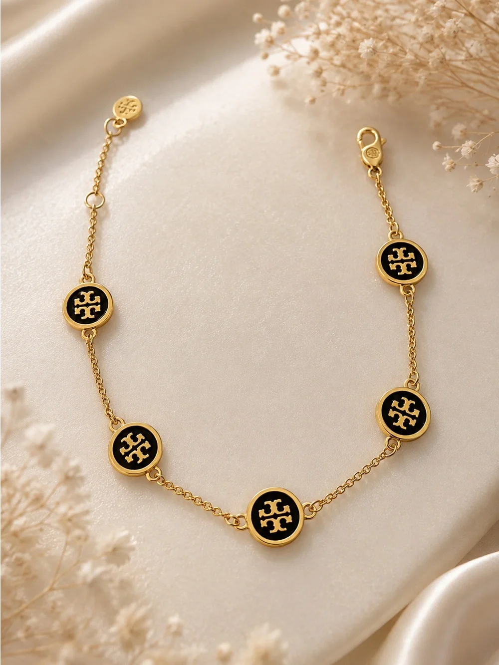 Tory Burch Gold and Black Logo Disc Bracelet